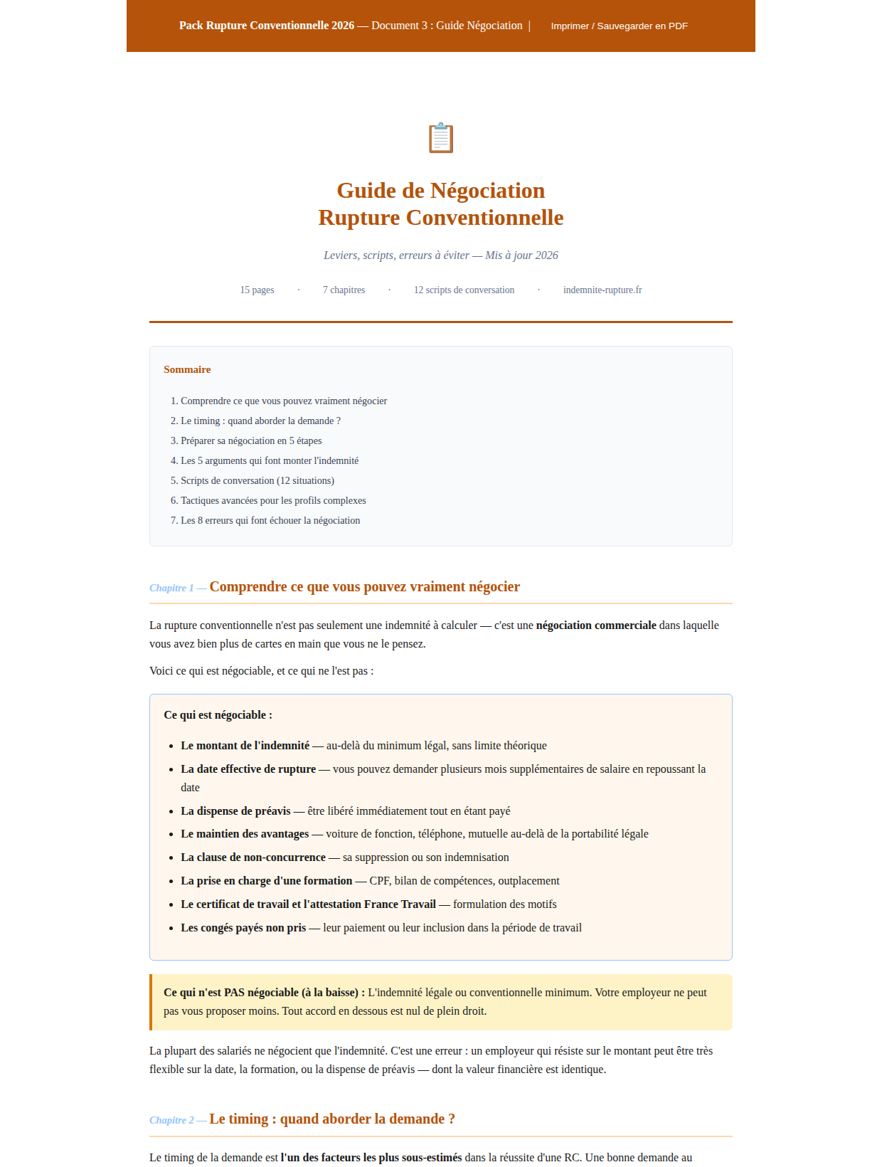 Aperçu du guide de négociation et de ses scripts