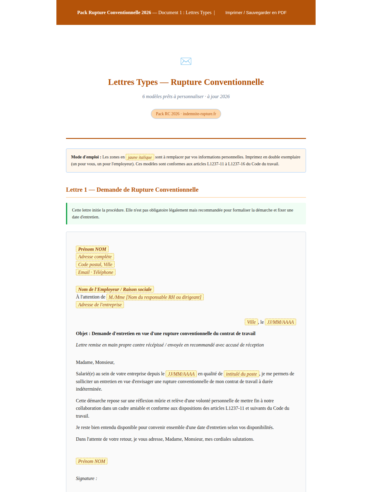 Aperçu d'une lettre type de rupture conventionnelle